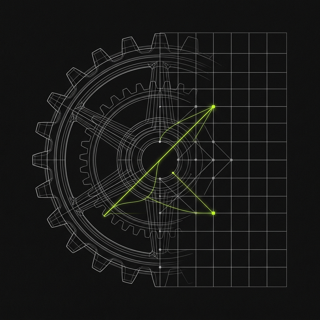 Maquinaria industrial analógica fusionándose con circuitos digitales e inteligencia artificial.